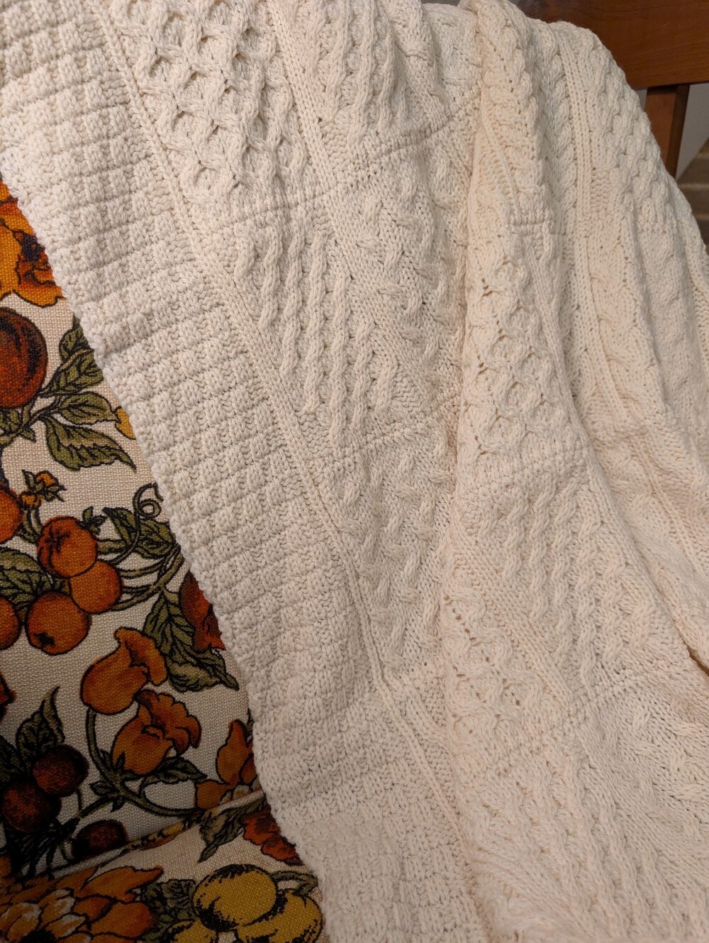 NWT Aran Crafts Cream Cable-Knit 100% Merino Wool Patchwork Throw Blanket